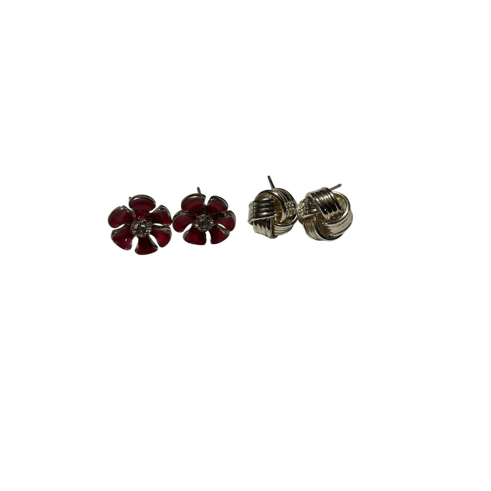 Set of 2 Silver Tone Stud Earrings Pink‎ Enamel Flower and Love Knot Studs